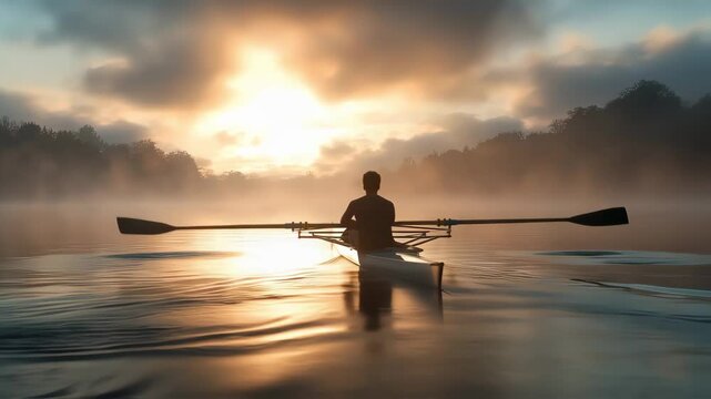 Serene sunset silhouette of a lone rower gliding across a misty lake at dusk