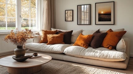 Fototapeta premium Rustic living room scene with warm autumnal tones.