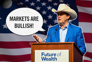 A innovator in a blue jacket, wearing a cowboy hat, speaking at a podium labeled "Future of Wealth," set against a U.S. flag with a speech bubble proclaiming "Markets are Bullish!"