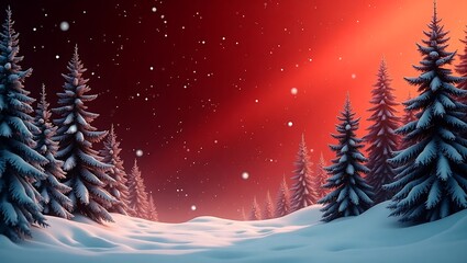 Enchanted Winter Forest Red Sky, Snowfall, and Snowy Trees