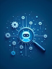 Management tools and development technology support powered by AI, illustrated by a chatbot icon through a magnifying glass, surrounded by several gears and cogwheels on a blue network background