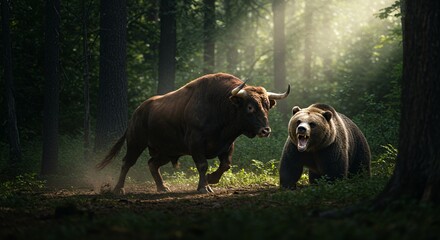 Fototapeta premium Bull and Bear Confrontation in the Forest