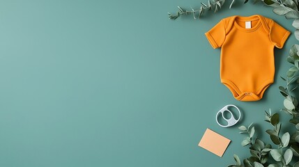 Orange Baby Romper with Pacifier and Card on Teal Background