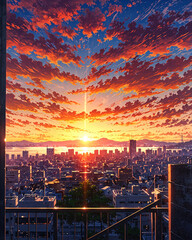 orange sunset cityscape illustration from above showing urban buildings under dramatic golden sky with soft atmospheric clouds anime style illustration wallpaper background