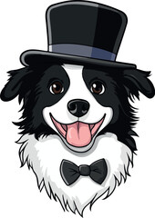 Border collie dog with a top hat and a bow tie chibi 