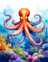 Obraz premium Vibrant watercolor illustration of an octopus in its natural habitat