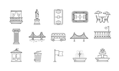 A charming set of hand-drawn outline vector icons illustrating various city landmarks, urban elements, and public amenities.
