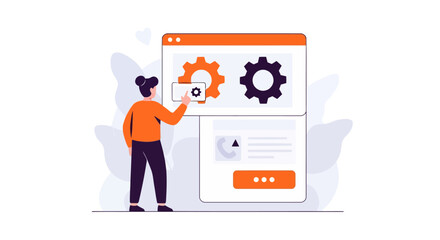 Illustration of a man interacting with a web interface, focusing on settings and configuration, perfect for technology and development-related content.