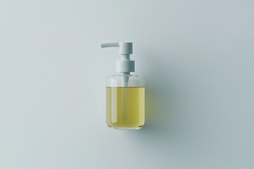 Minimalist clear bottle with pump dispenser filled with golden liquid on a plain background.