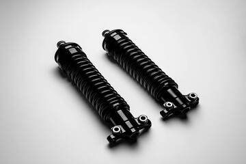 Two black motorcycle shock absorbers on a light background.