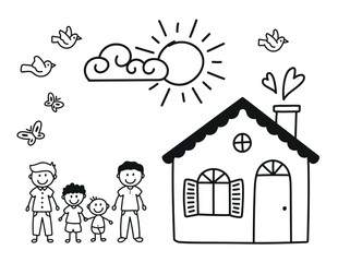 Happy and funny family. Two fathers with children. Cute little house, sun, clouds and birds. Happy gay family. Vector in doodle style. LGBT representation..eps