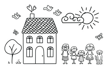 Happy and funny family. Two mothers with children. Cute little house, sun, clouds and birds. Happy lesbian family. Vector in doodle style. LGBT representation..eps