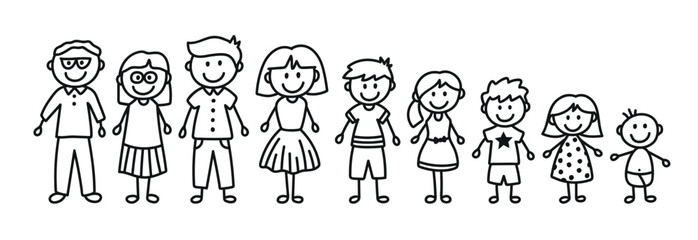 Fototapeta premium Happy stick figure family. Doodle style vectors isolated on white background. Father, mother, grandparents, teens, children and baby. Calcasian family..eps