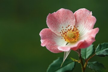 Close-up of a single pink and white flower with delicate petals and yellow stamens against a blurred green background