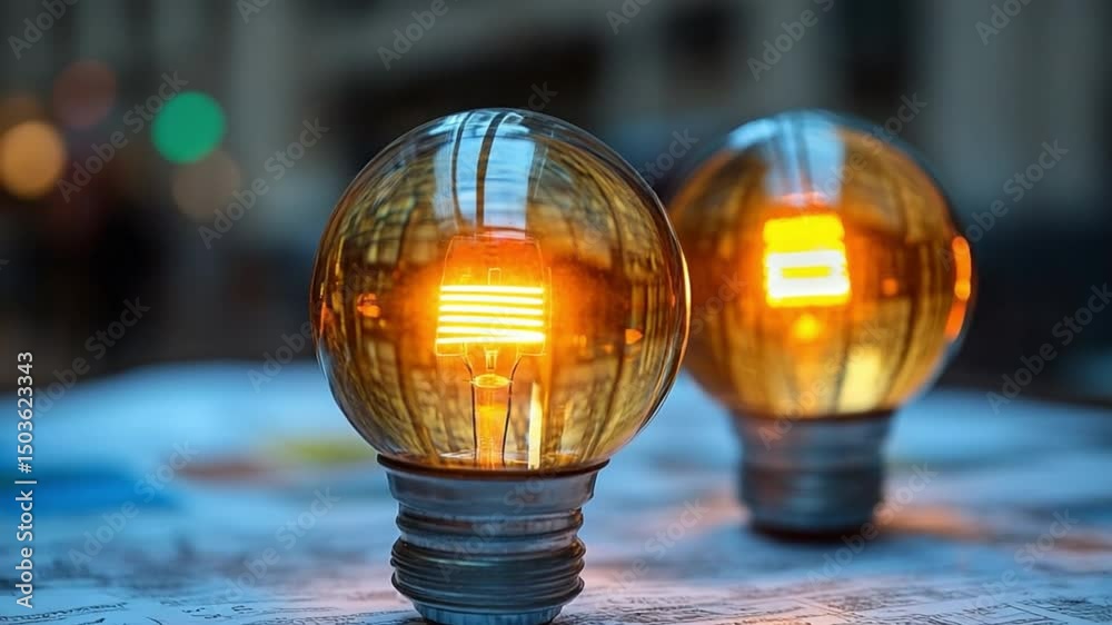 Poster illuminating ideas: a close-up shot of two illuminated light bulbs, suggesting creativity, innovatio