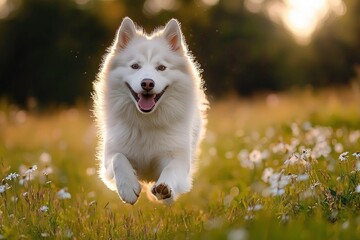 happy white dog running energetically through a sunlit meadow full of small white flowers at golden hour