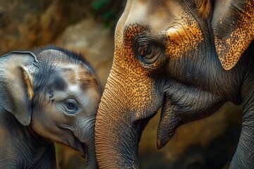 Close-up of a baby elephant nuzzling the trunk of an adult elephant showcasing tender and affectionate interaction