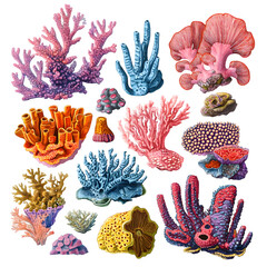 Vibrant set of colorful coral species, cut out