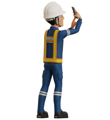 Isolate industrial worker is using the mobile phone  to taking a photo on transparent back ground