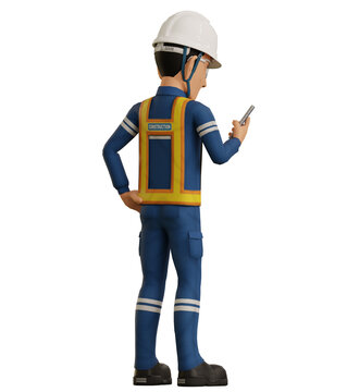 Isolate industrial worker is using the mobile phone on transparent background