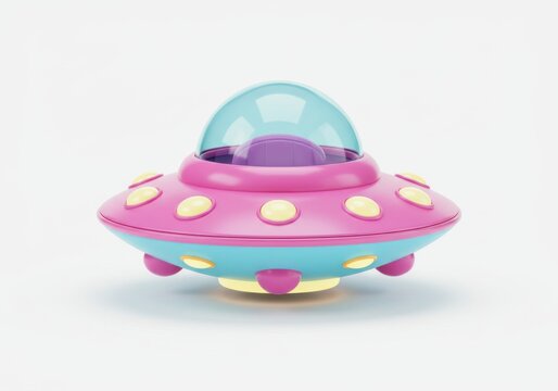 A vibrant toy ufo with a transparent dome on a clean, bright backdrop area