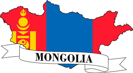 The map of Mongolia overlaid with the Mongolian flag and its name written on a ribbon