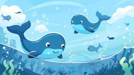 Obraz premium Playful Blue Cartoon Background Posters: Whimsical Illustrations of Sky Blue Fantasies, Marine Adventures, and Retro Comic Themes with Bold Lines, Vibrant Hues, and Whimsical Characters for Kids' Room