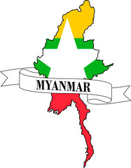 The map of Myanmar overlaid with the Myanmar flag and its name written on a ribbon