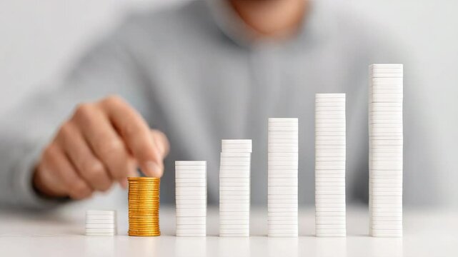 Stacked chip and coin growth with hand showing financial stack concept