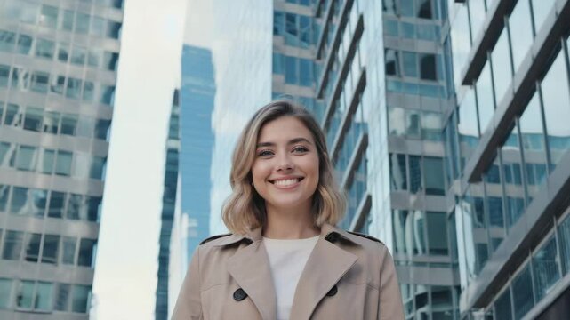 A smiling woman standing in a modern urban setting, with skyscrapers in the background. She radiates confidence and approachability