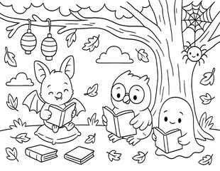 forest friends Halloween coloring page. Ready to print on letter size paper (8.5 x 11 inches), high resolution 300 dpi.