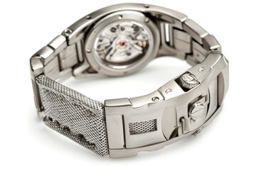 Naklejka premium Close-up view of a wristwatch with a textured band.