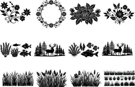 Flower forest fish and grass silhouette set bundle template