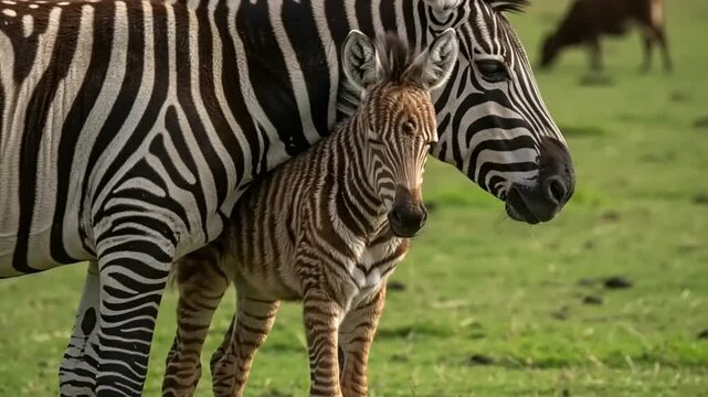 A mother zebra lovingly embraces her young foal in a lush green savannah with distant wildlife