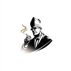 Stylized Black and White Portrait of Smoking Man in Vintage Attire with Monochrome Art Deco Influence for Iconic Logo and Graphic Design