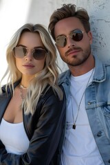  A fashionable couple posing confidently against a wall