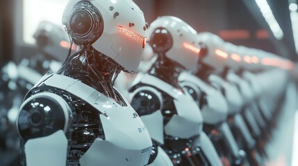 Fototapeta premium Rows of advanced robots in a factory setting
