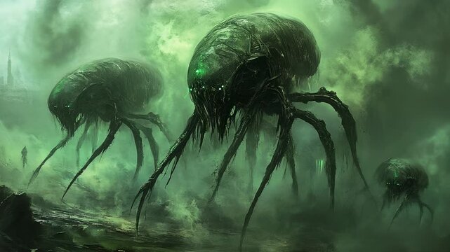 Surreal Bio-Mechanical Incursion: Eerie Alien Creatures Dominate Misty Landscape