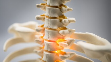 Human spine model with damaged vertebrae, close-up view of injury area for medical education and healthcare concepts, anatomical study of vertebral column and spinal disorders.