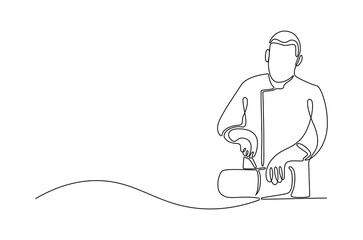 Continuous one line drawing of Professional kitchen cutting the meat. Single line drawing illustration of Young male chef cutting meat. Professional chef concept vector art. Doodle line illustration.