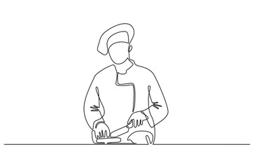 Naklejka premium Continuous one line drawing of Professional kitchen cutting the meat. Single line drawing illustration of Young male chef cutting meat. Professional chef concept vector art. Doodle line illustration.