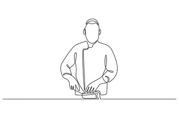 Continuous one line drawing of Professional kitchen cutting the meat. Single line drawing illustration of Young male chef cutting meat. Professional chef concept vector art. Doodle line illustration.