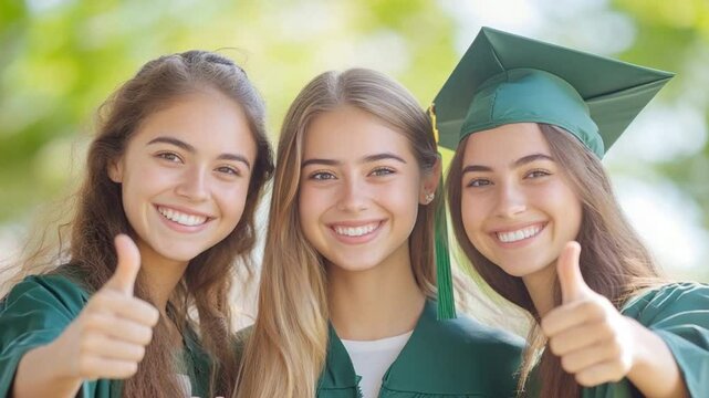 Triumphant Thumbs-up: Three radiant women in graduation attire beam with pride, flashing thumbs-up to celebrate their academic achievements. An optimistic photo capturing the spirit of success.