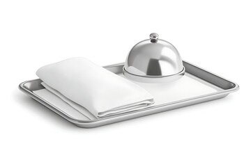 Obraz premium A 3D icon of a room service tray with a silver dome cloche and a folded napkin, representing luxury hotel hospitality.
