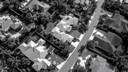 Aerial view of suburban neighborhood surrounded by lush greenery