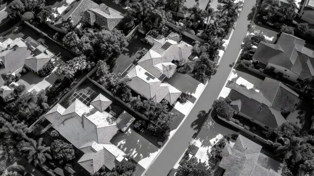 Aerial view of suburban neighborhood surrounded by lush greenery - Powered by Adobe