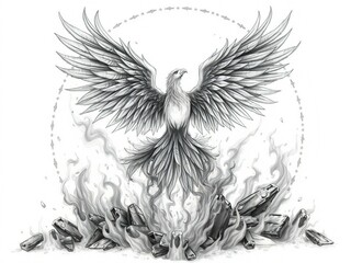 Obraz premium Mythical Phoenix Bird with Outstretched Wings, Fantasy Illustration of Rebirth and Power