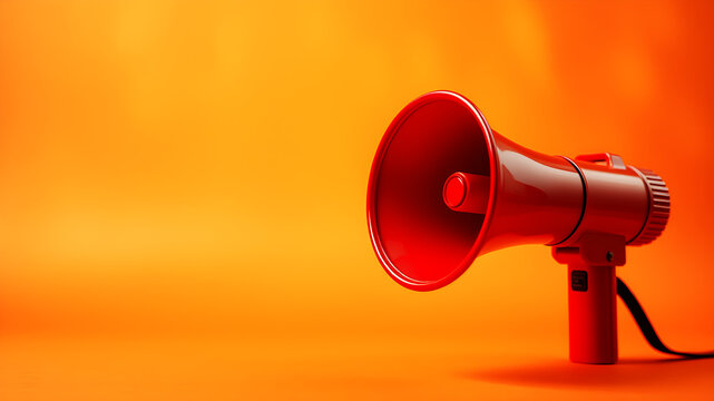 A red megaphone on a vibrant gradient or abstract background, placed to one side with empty space in the center for marketing or announcement text.