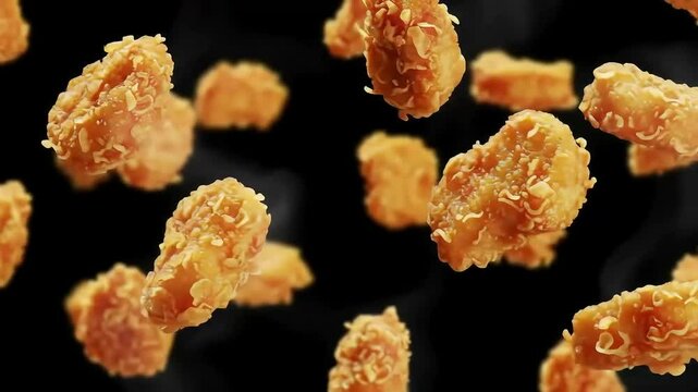 Crispy fried chicken nuggets falling in mid-air against a black background