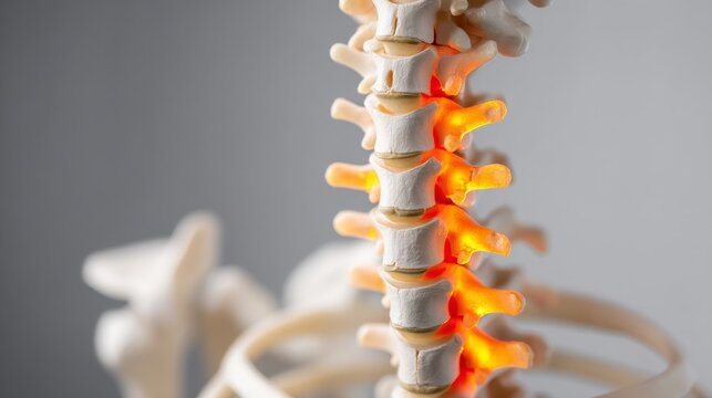 Human spine model with damaged vertebrae, close-up view of injury area for medical education and healthcare concepts, anatomical study of vertebral column and spinal disorders.